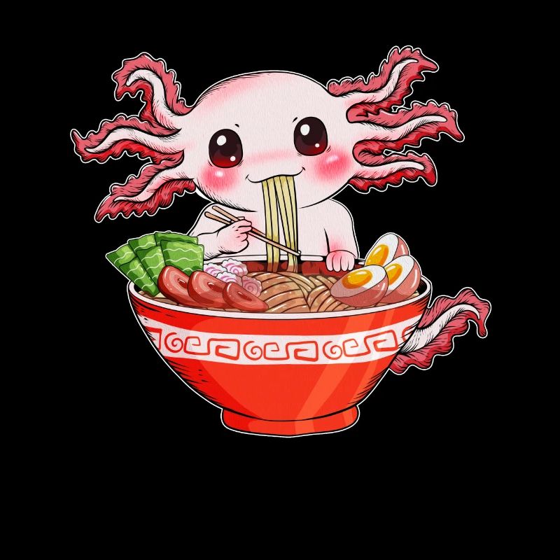 Molch isst schlürft Ramen-Nudeln witziger Axolotl