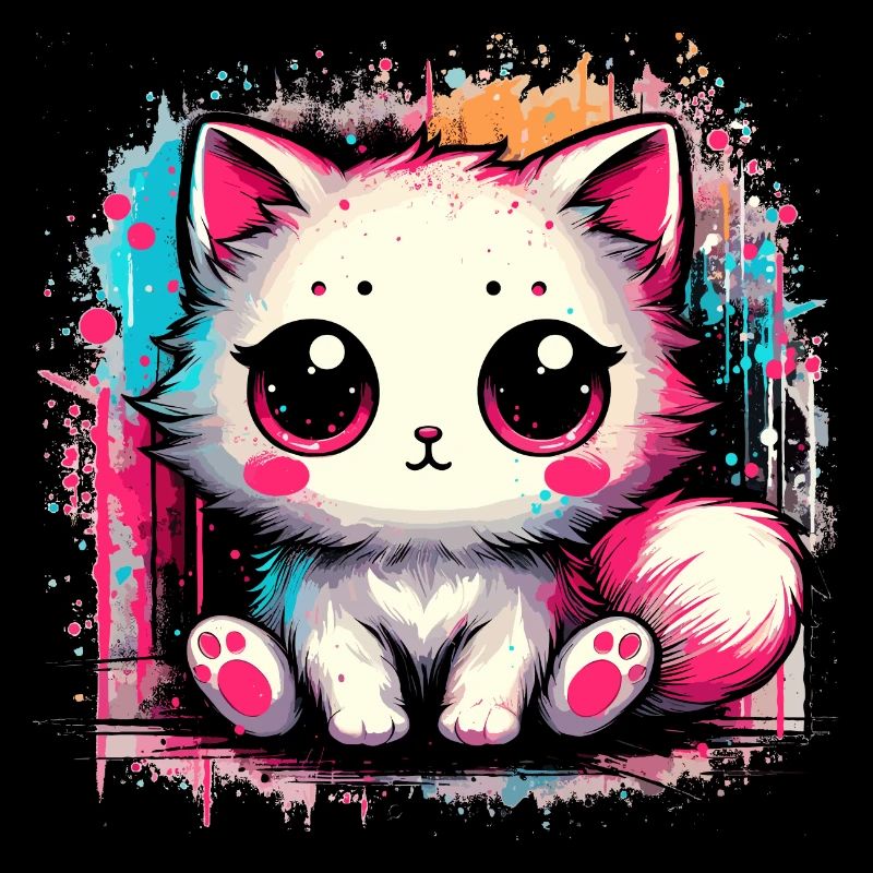 Mignon chat Chibi blanc aquarelle Splash