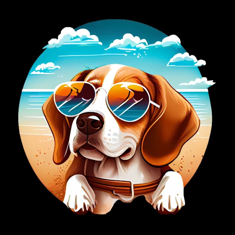Beagle mit Sonnenbrille am Strand