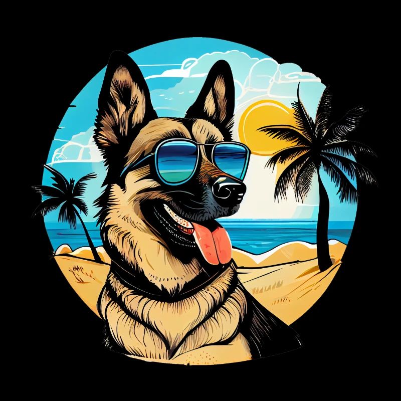 Schäferhund am Strand mit Sonnenbrille