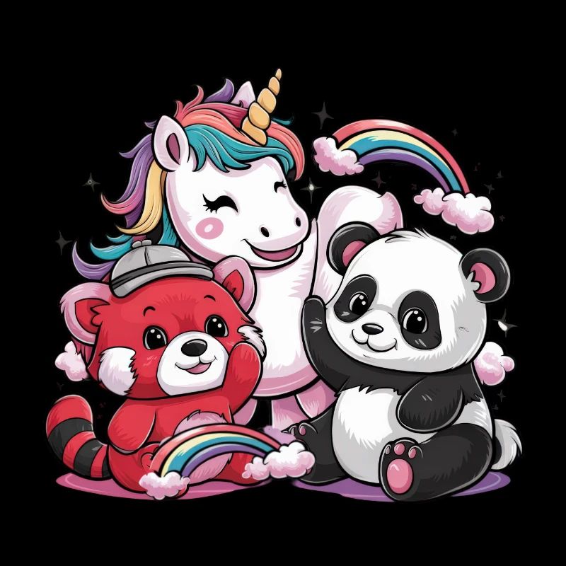 Kawaii Einhorn mit roten Panda und großem Panda