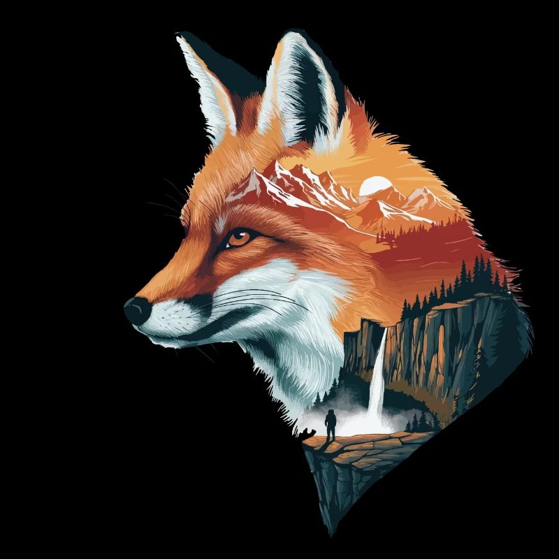 Fox Silhouette Nature Art Mountains Forest Waterfall
