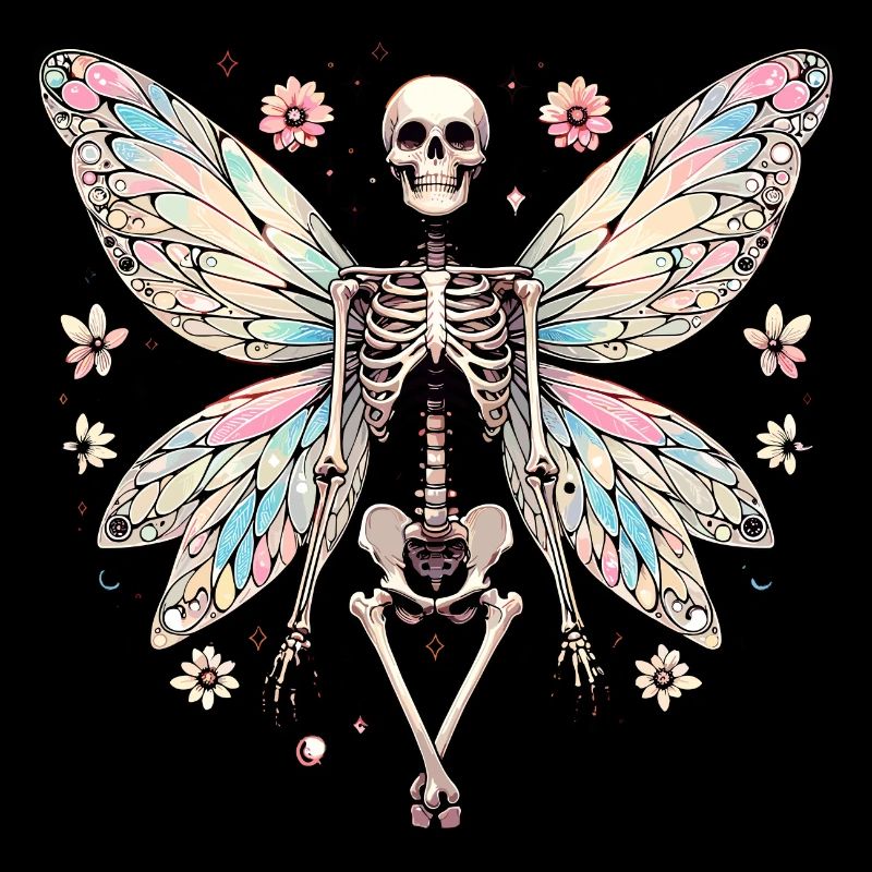 Squelette avec des ailes de papillon et des fleurs