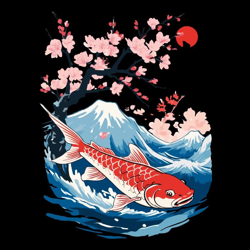 Vintage Ukiyo-E Koi Carp Cherry Blossom Design
