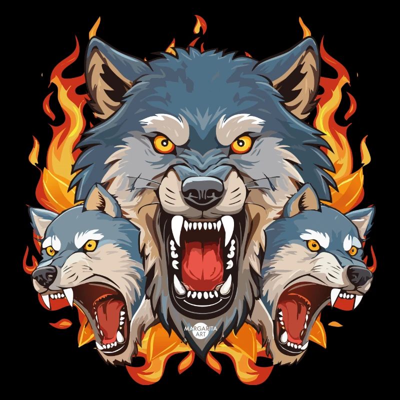 01 Bad Wolf Pack Wolves Head Fire Flames
