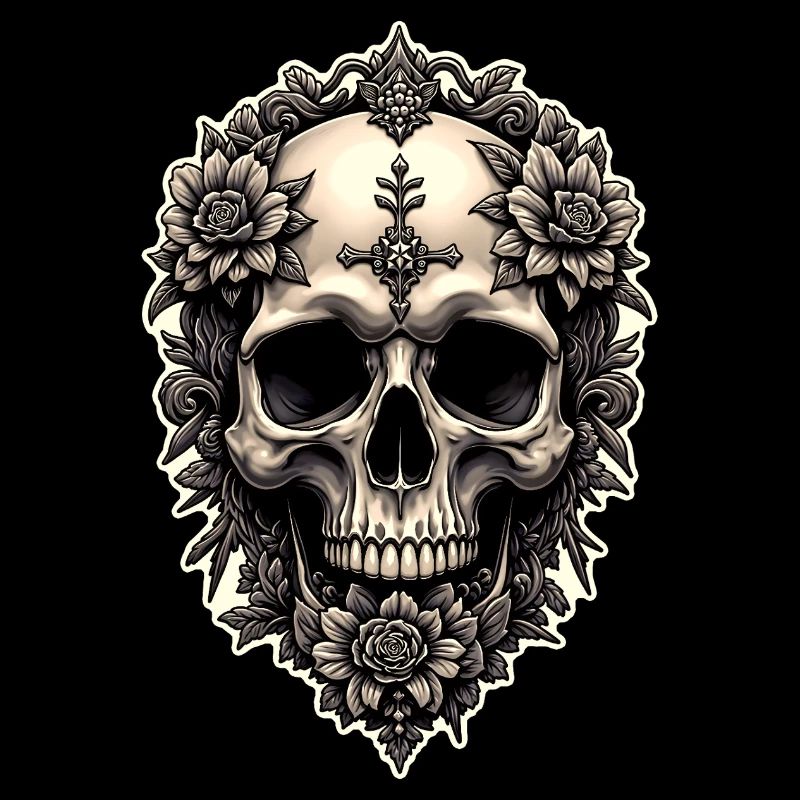 Tête de mort skull et fleurs gothique rock vintage