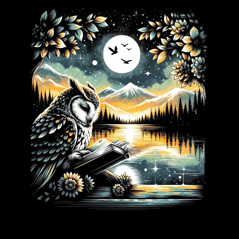 Owl Reading Book – Full Moon Seascape