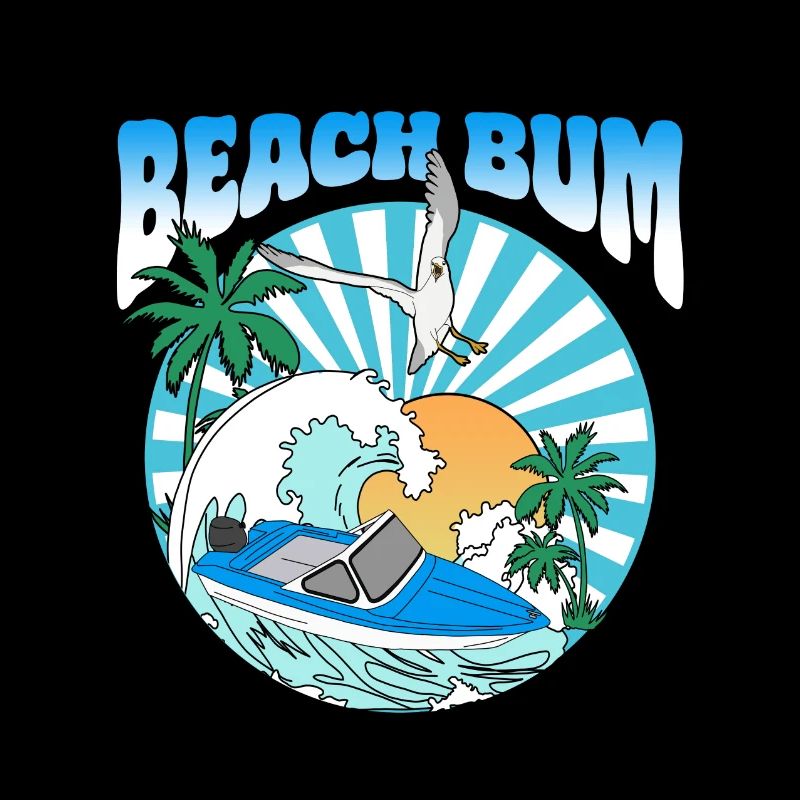 Beach Bum - Boat Palm Trees Sea Seagull Sunset