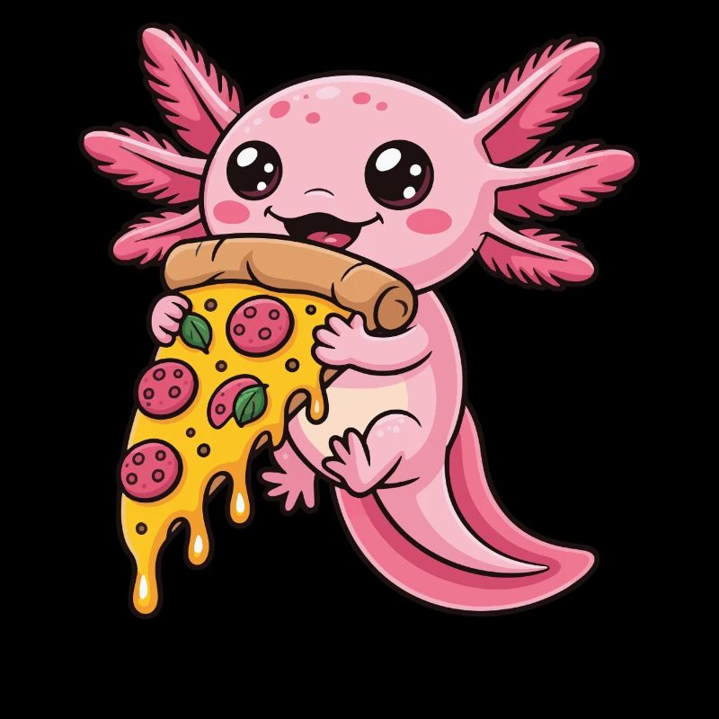 Mignon dessin animé rose axolotl mangeant pizza amphibien
