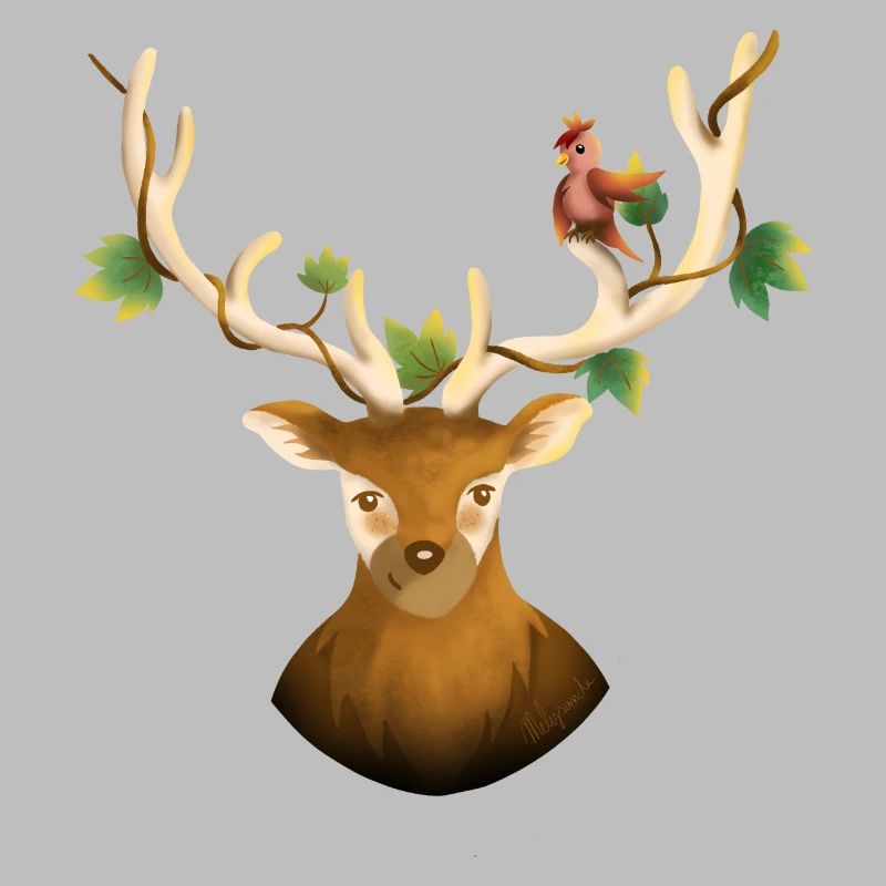 Hirsch oder Waldrentier mit Vogel und Efeu