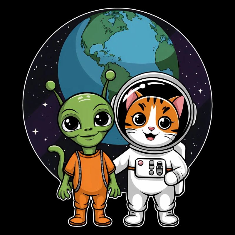 Alien Et Chat Drôle Chat Selfie Avec Ufos Kawaii