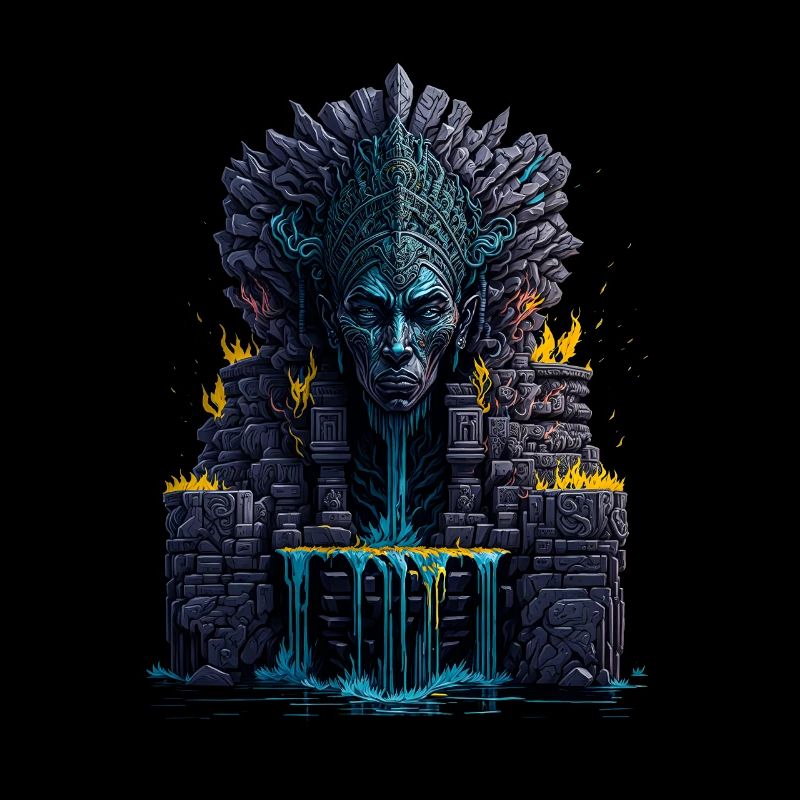 Mayan Head Totem Statue with Water and Fire Elemen