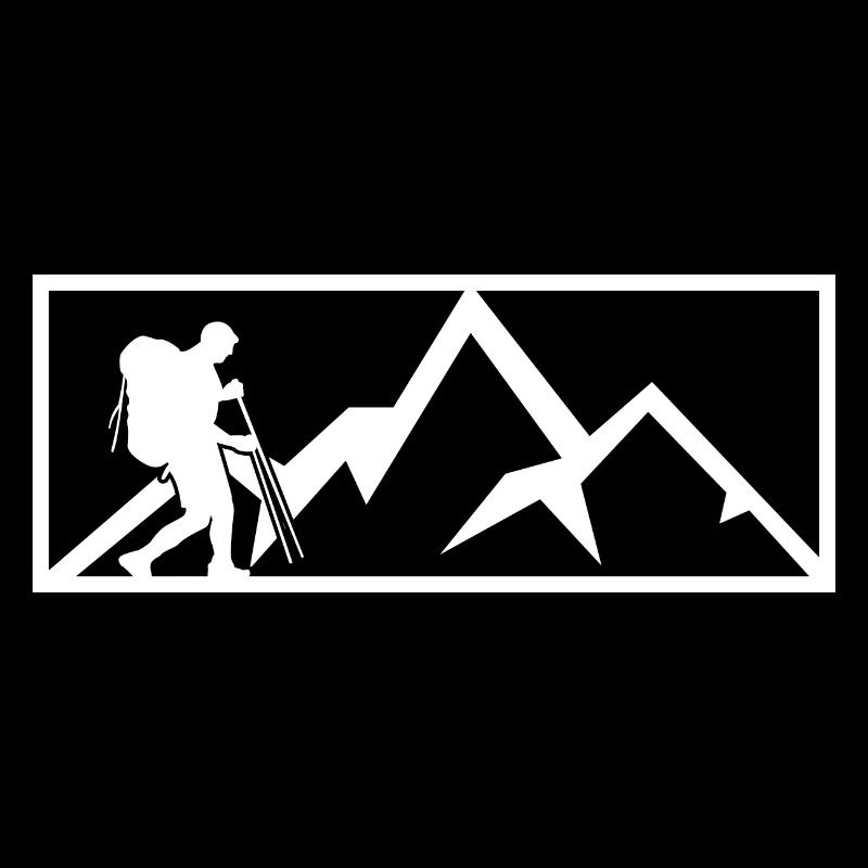 Hikers in front of stylized mountains