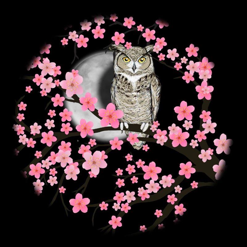 American eagle owl in a blossom tree