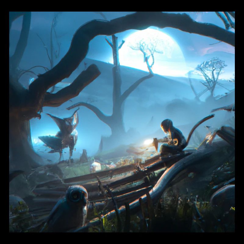 Girl in magical forest surrounded by creatures