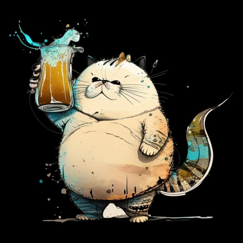 Big funny cat drinks beer