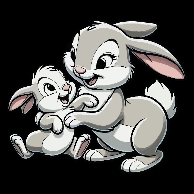 Mère lapin avec enfant gambadant gris