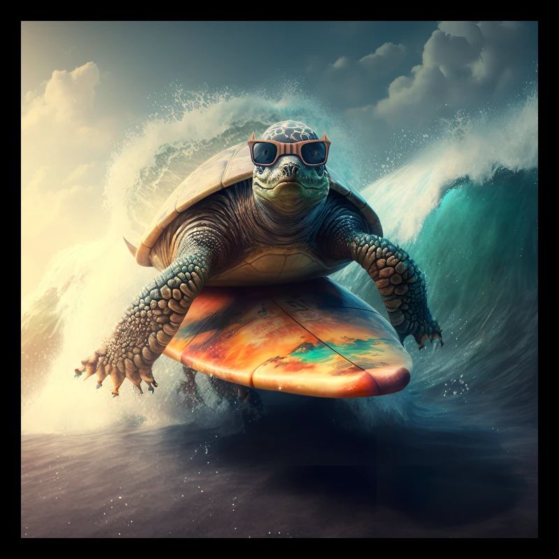 Cool turtle with sunglasses on surfboard