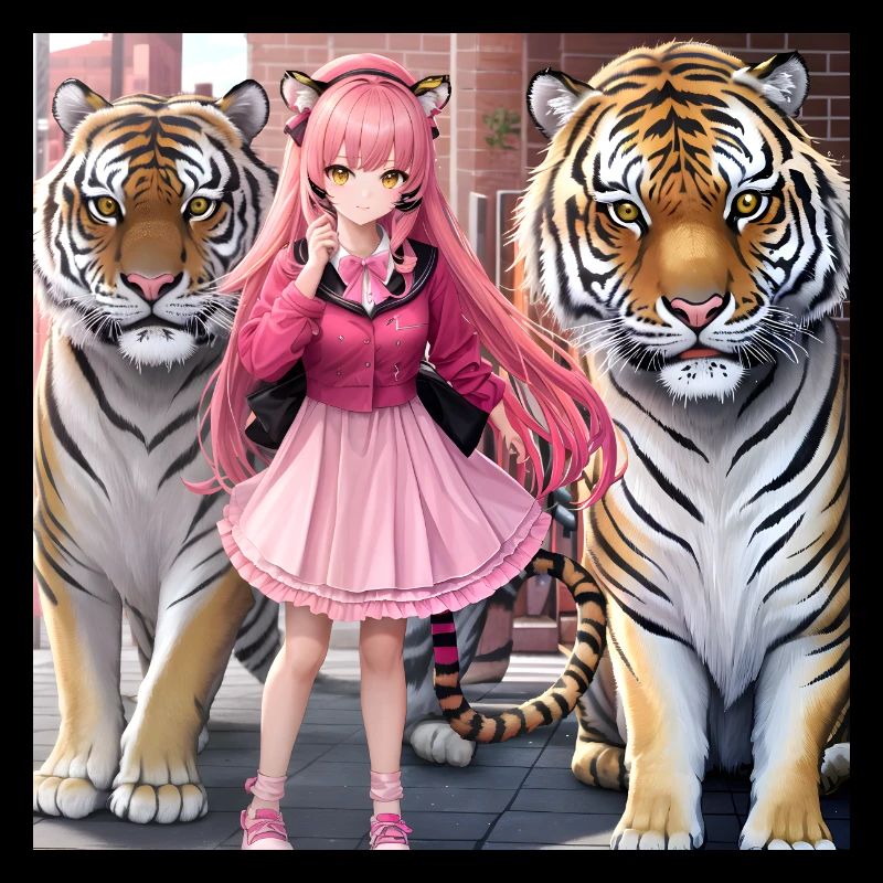 Fille avec deux tigres d’anime