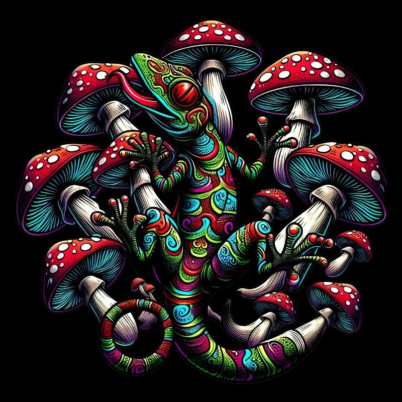 Psychedelischer Gecko mit Pilzen