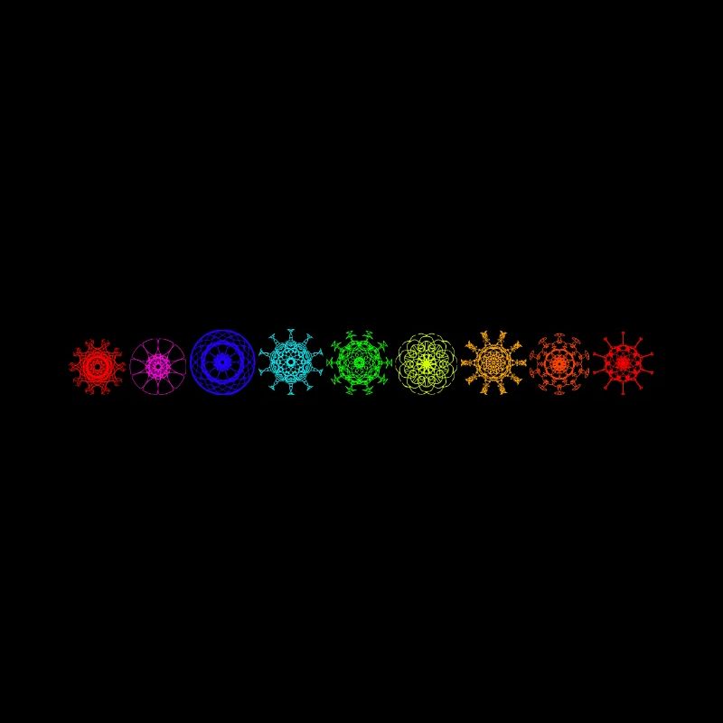Rainbow colored mandalas in a row