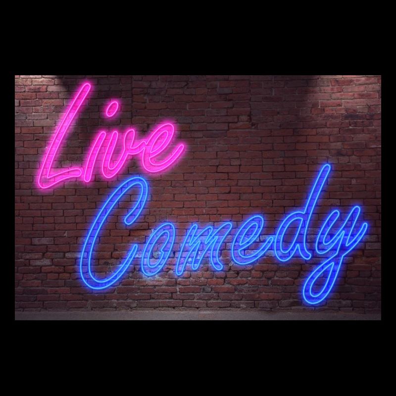 Leuchtreklame Live Comedy an Ziegelsteinmauer