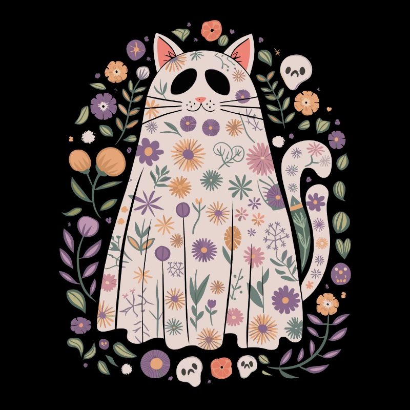 Cute Halloween Ghost Cat With Flowers
