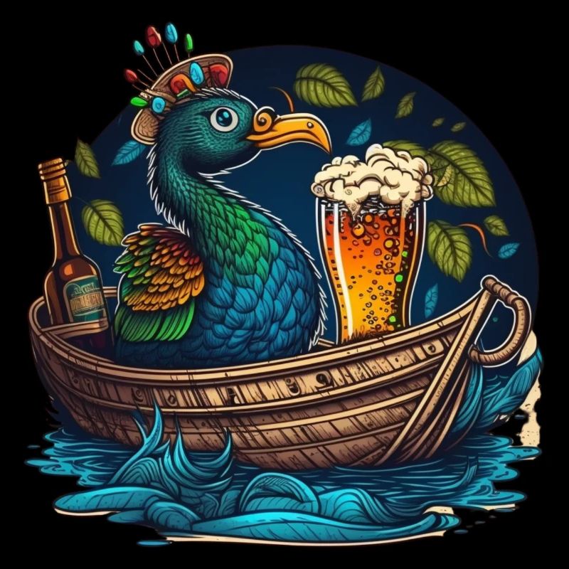 Pfau im Boot mit Bierglas