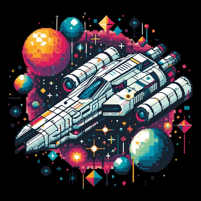 VAISSEAU SPATIAL, RÉTRO, JET, PIXEL, PLANÈTE, ESPACE, GALAXIE