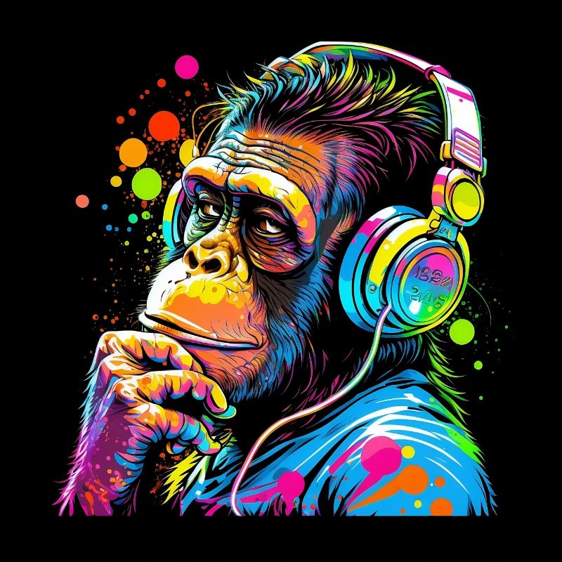 Chimpanzee with headphones colored monkey DJ