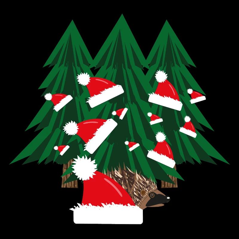 Igel im Wald mit Weihnachtsmützen.