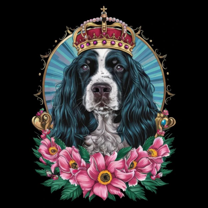 Cocker Spaniel avec fleurs et couronne