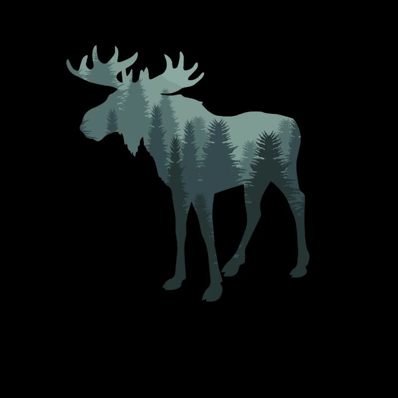 Moose - silhouette with green forest / fir trees