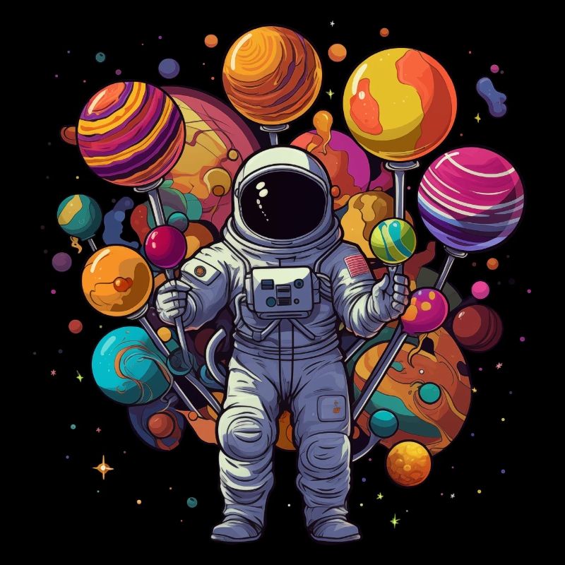 Astronaut mit Planeten Lollipops in den Händen