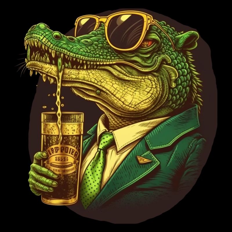 Krokodil mit Anzug, Sonnenbrille und Bier