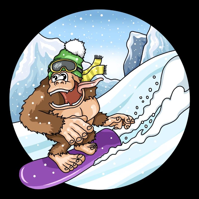 Cute Gorilla While Snowboarding Snow Landscape