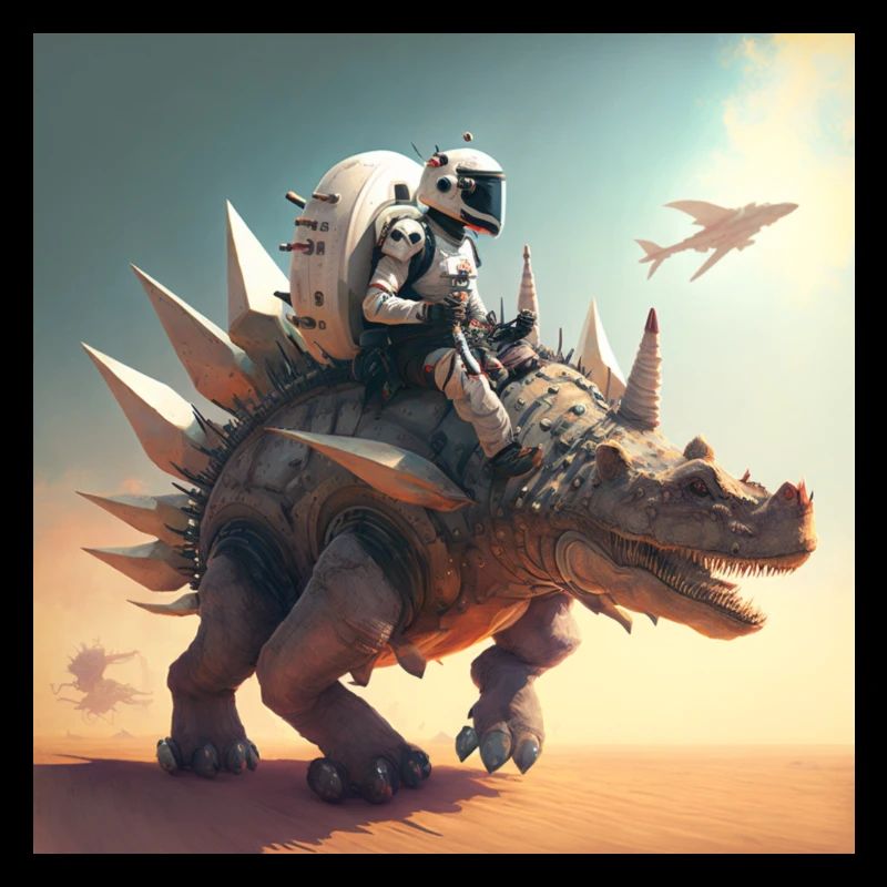 Astronaut riding robotic stegosaurus