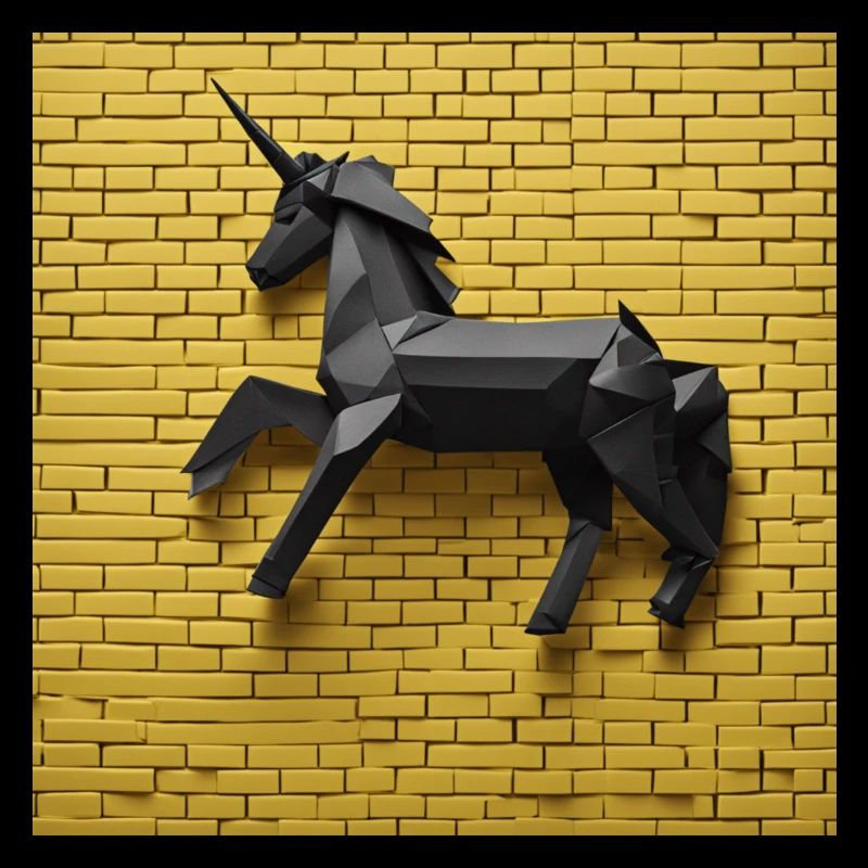 Licorne noire devant un mur jaune
