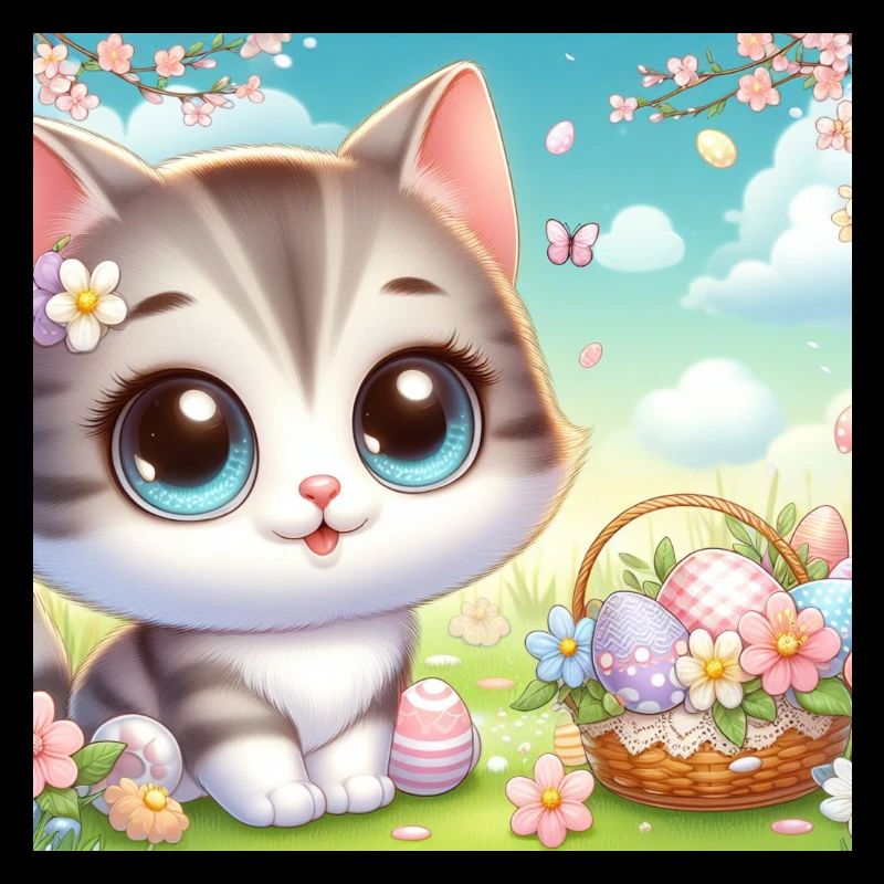 Chaton mignon au printemps avec panier de fleurs