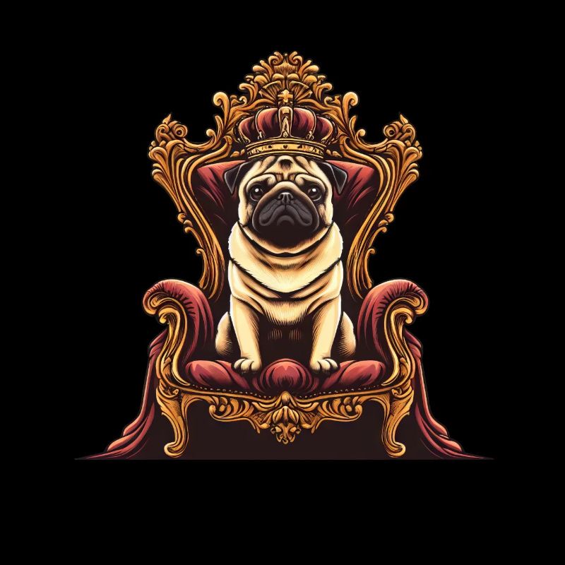 Hund Mops sitzt auf Thron Hund und Herrchen
