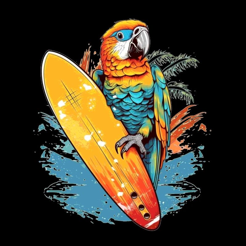 Cooler surfender Papagei mit Surfbrett