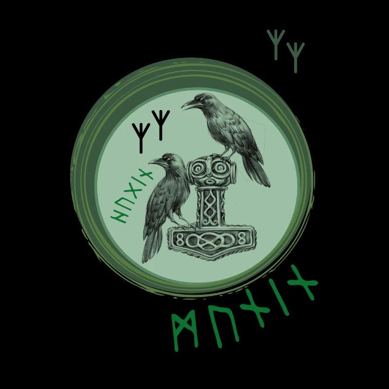 Thor Hammer Mjölnir with Odin Ravens Hugin and Munin