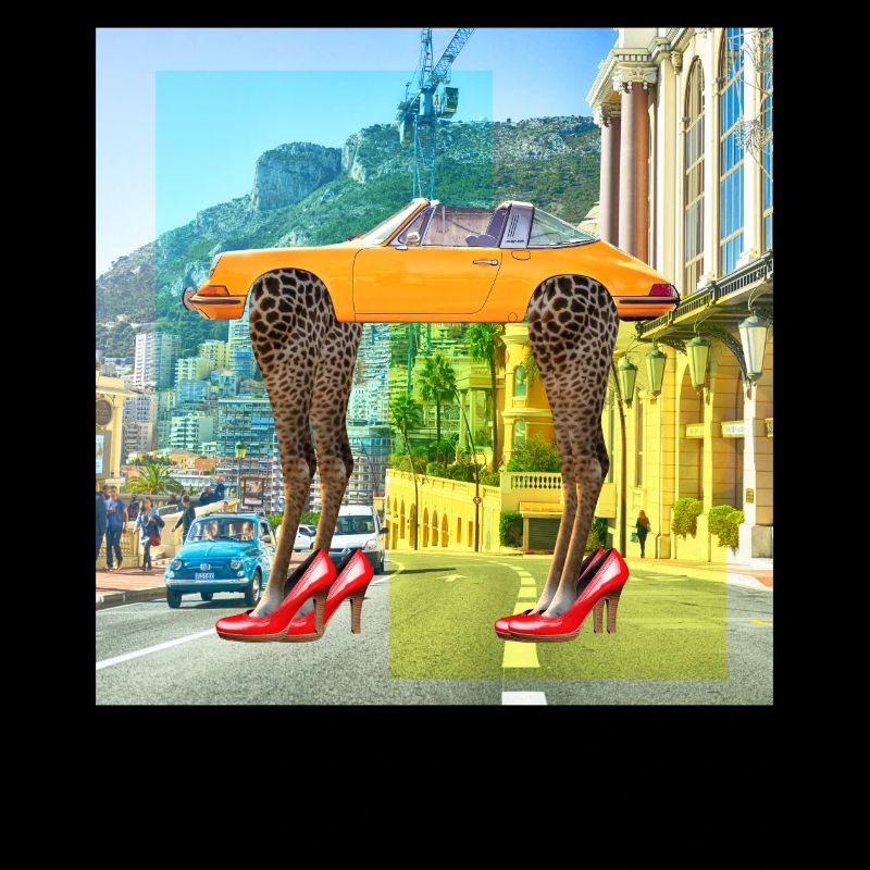 Collage Kunst Surrealismus Leopard Auto Highheels