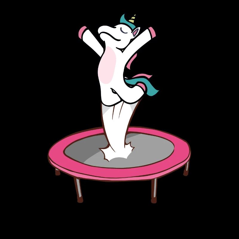 Ein Einhorn springt auf einem Trampolin.