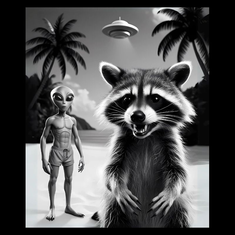 Waschbär macht ein Selfie am Strand mit Alien