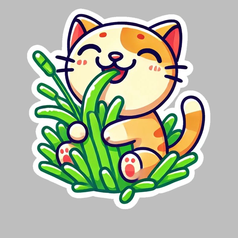 Chat roux mignon mangeant de l’herbe verte
