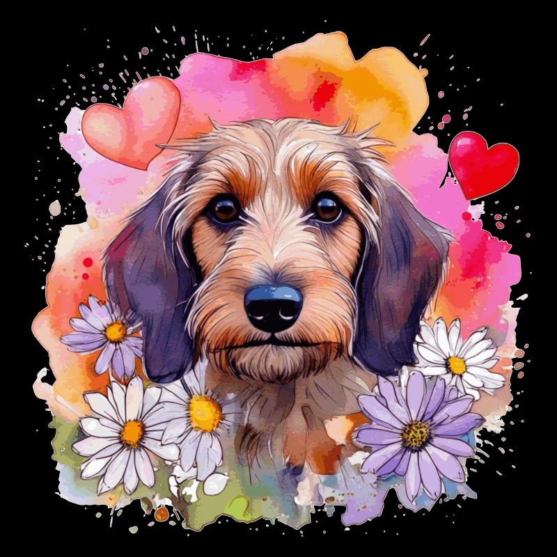 Bunter Rauhaardackel / Dackel mit Blumenkranz