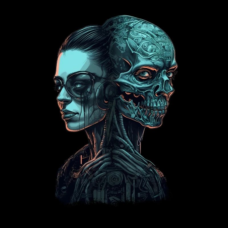 Beautiful skeleton cyborg gothic woman two faces