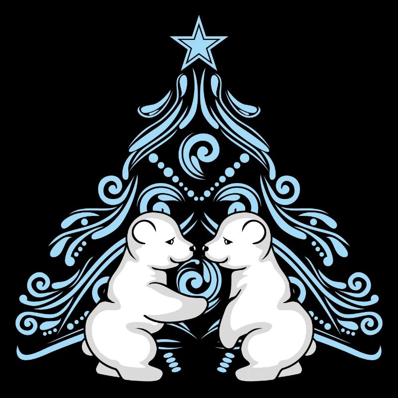 Zwei Eisbärenbabys umarmen sich in der Nähe eines Weihnachtsbaums