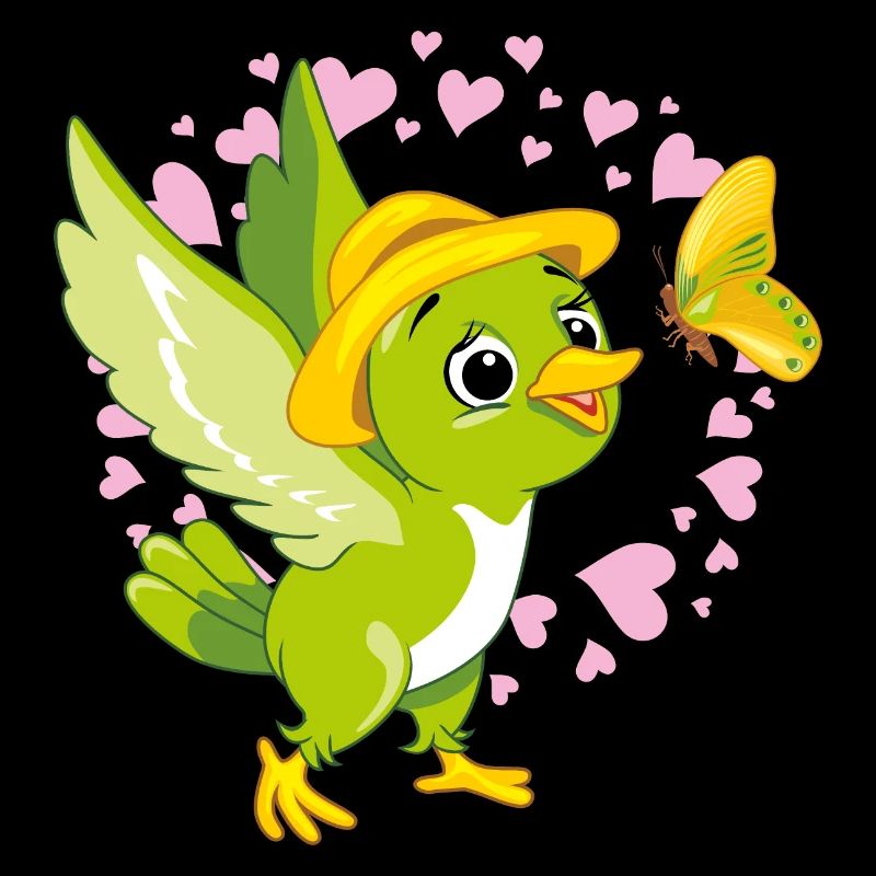 Oiseau vert mignon jouant avec un papillon